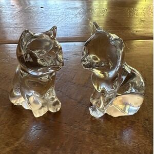 2 Clear Art Glass Sitting‎ Cat Figurines Glass Kitten Paperweights Kitty Decor